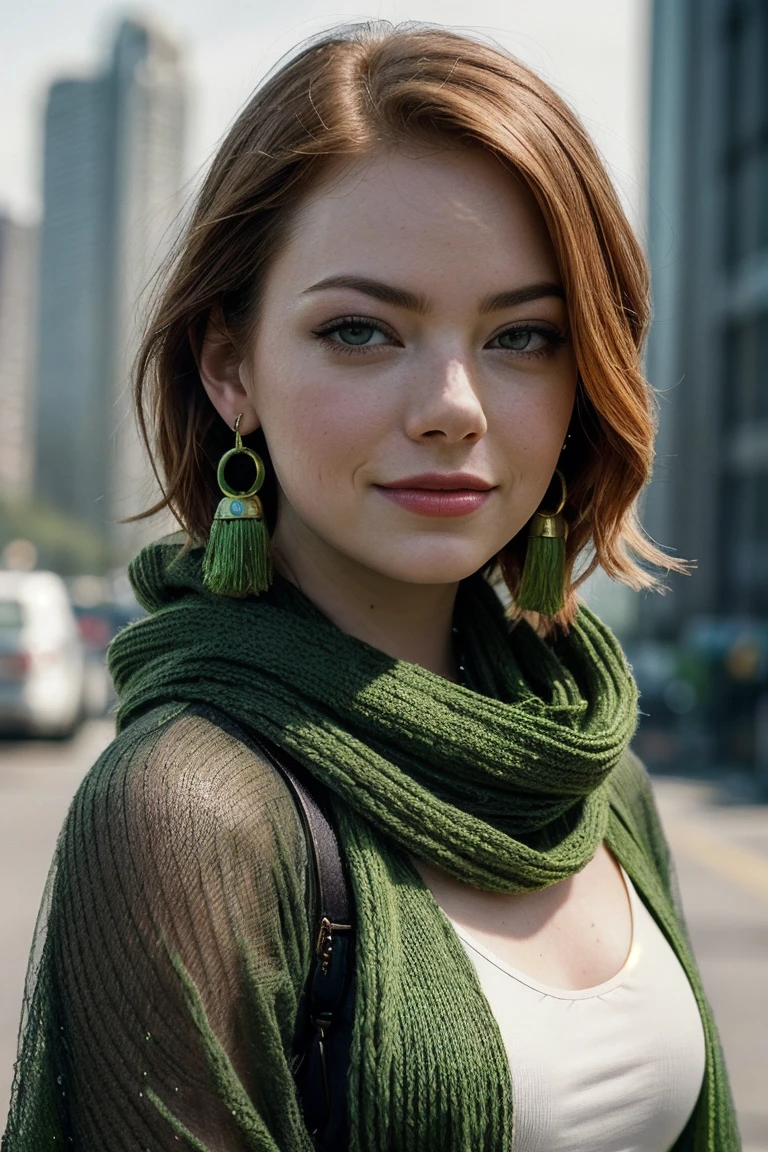 photo of gorgeous (emst0ne-135:0.99), a beautiful woman, (smiling), perfect hair blowing in the wind, (award winning modern photography), (Lime Green Tassel knit shawl:1.1), closeup portrait, 85mm, (analog, cinematic, film grain:1.3), (Futuristic dystopian city viewpoint with automated drone security checkpoints:1.2), detailed eyes, (epiCPhoto), earrings, eyeliner, (looking at viewer:1.2), (cinematic shot:1.3), ((sfw))