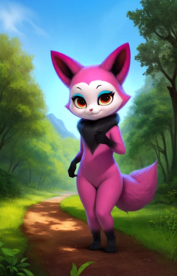 YossiTeleMonste  <lora:YossiTeleMonste:0.85> [Forest, path, trees, sky clouds, mountains,]  pink fox, two tails, yellow eyes, blue eyelids,   fluffy collar, black hands, 
blue textured fur, solo,  looking at viewer, to his full height,  (beautiful, aesthetic, perfect, delicate, intricate, masterpiece, )
[by kenket|by totesfleisch8], by thebigslick:by silverfox5213:0.8], [by syuro, by paloma-paloma::0.2, (Tricksta, TotesFleisch8)