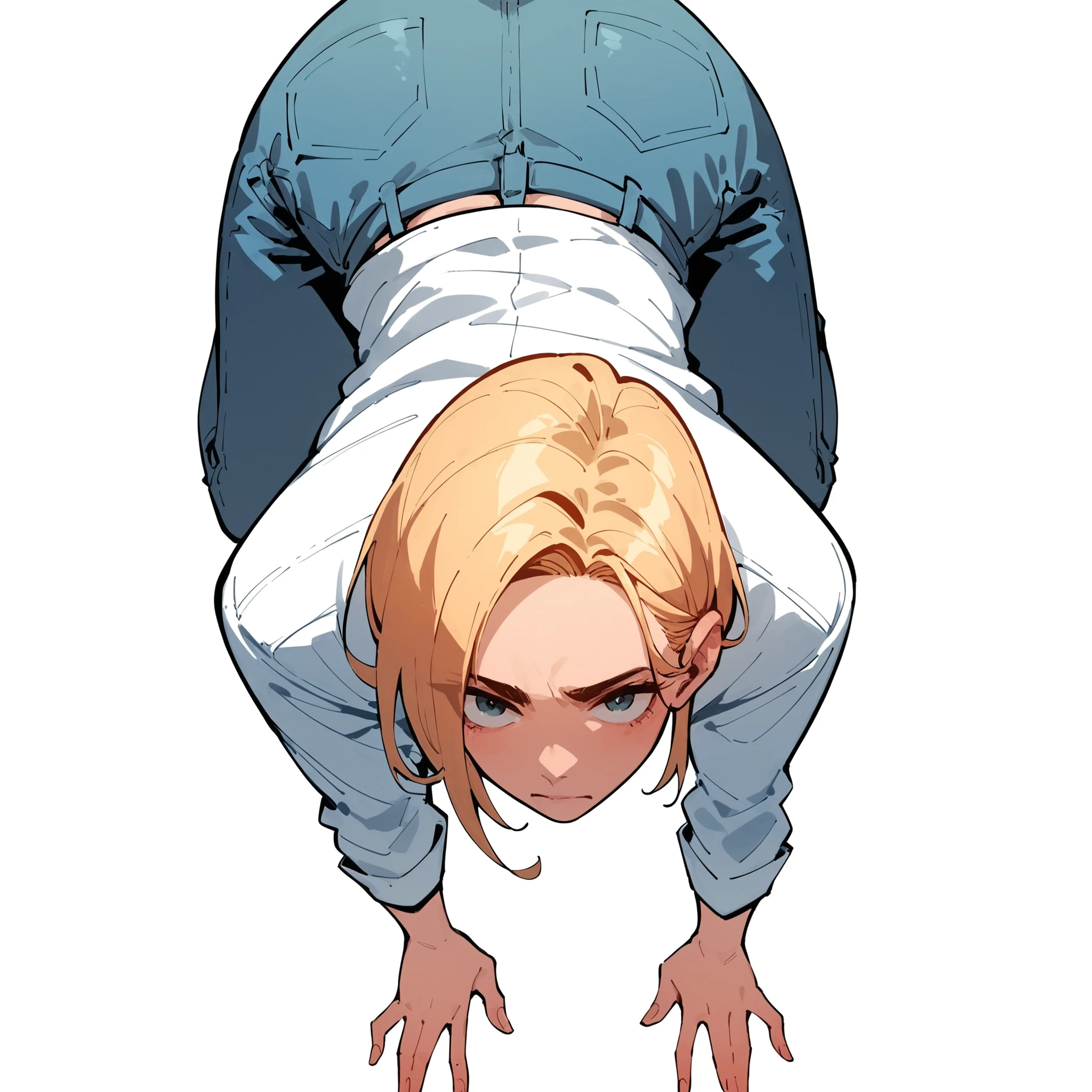 score_9, score_8_up, score_7_up, score_6_up, score_5_up, score_4_up, 1girl, white background, white shirt, all fours, denim pants, lineart, source_anime, smooth outline, blonde hair, facing viewer, from above