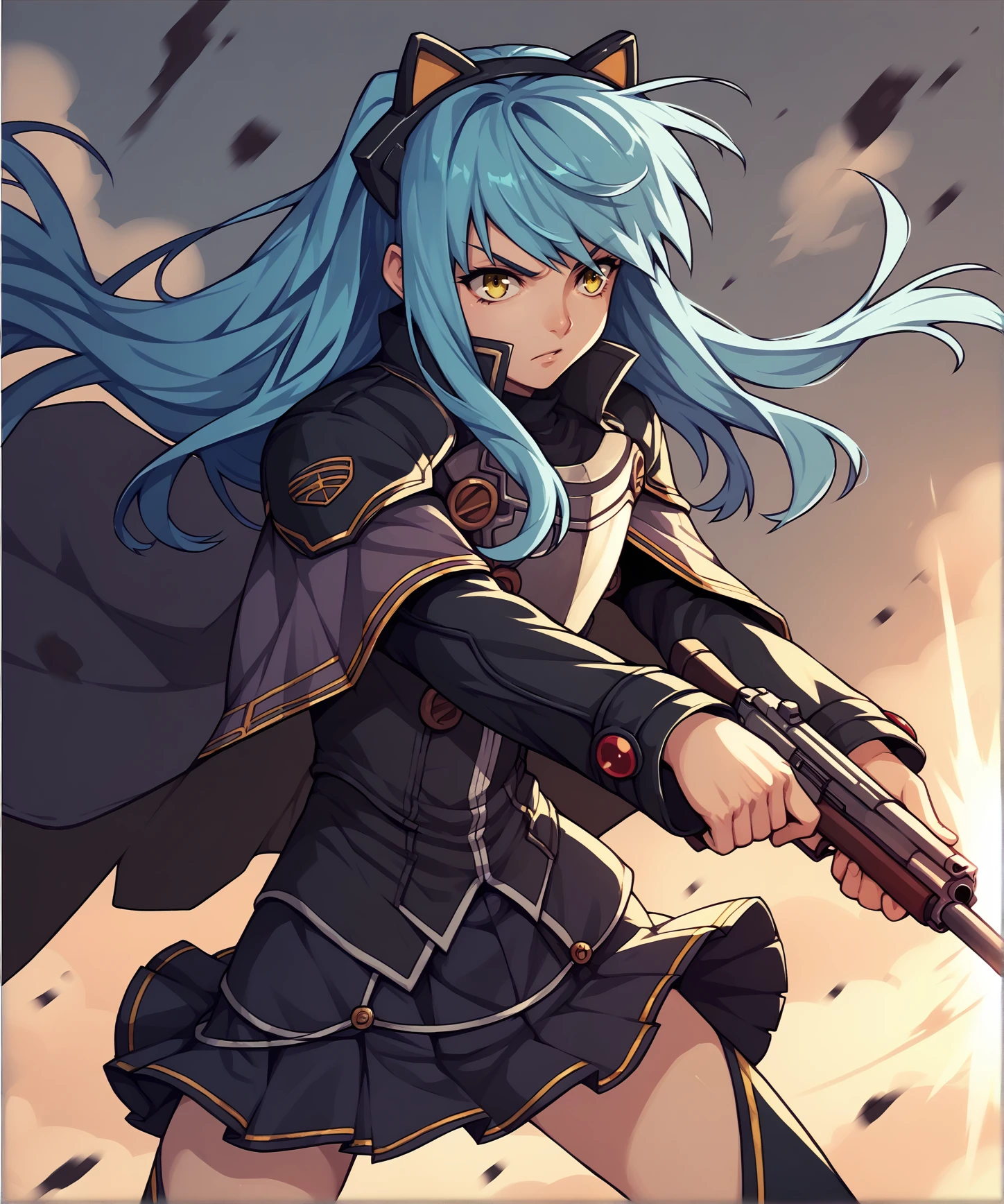 score_9, score_8_up, score_7_up, score_6_up, score_5_up, score_4_up, BREAK, solo, fighting stance, shotgun,
 <lora:tio1-000018:0.9>, tioplato, long hair, blue hair, yellow eyes, tiozero, fake animal ears, skirt, cape, armor, thighhighs,