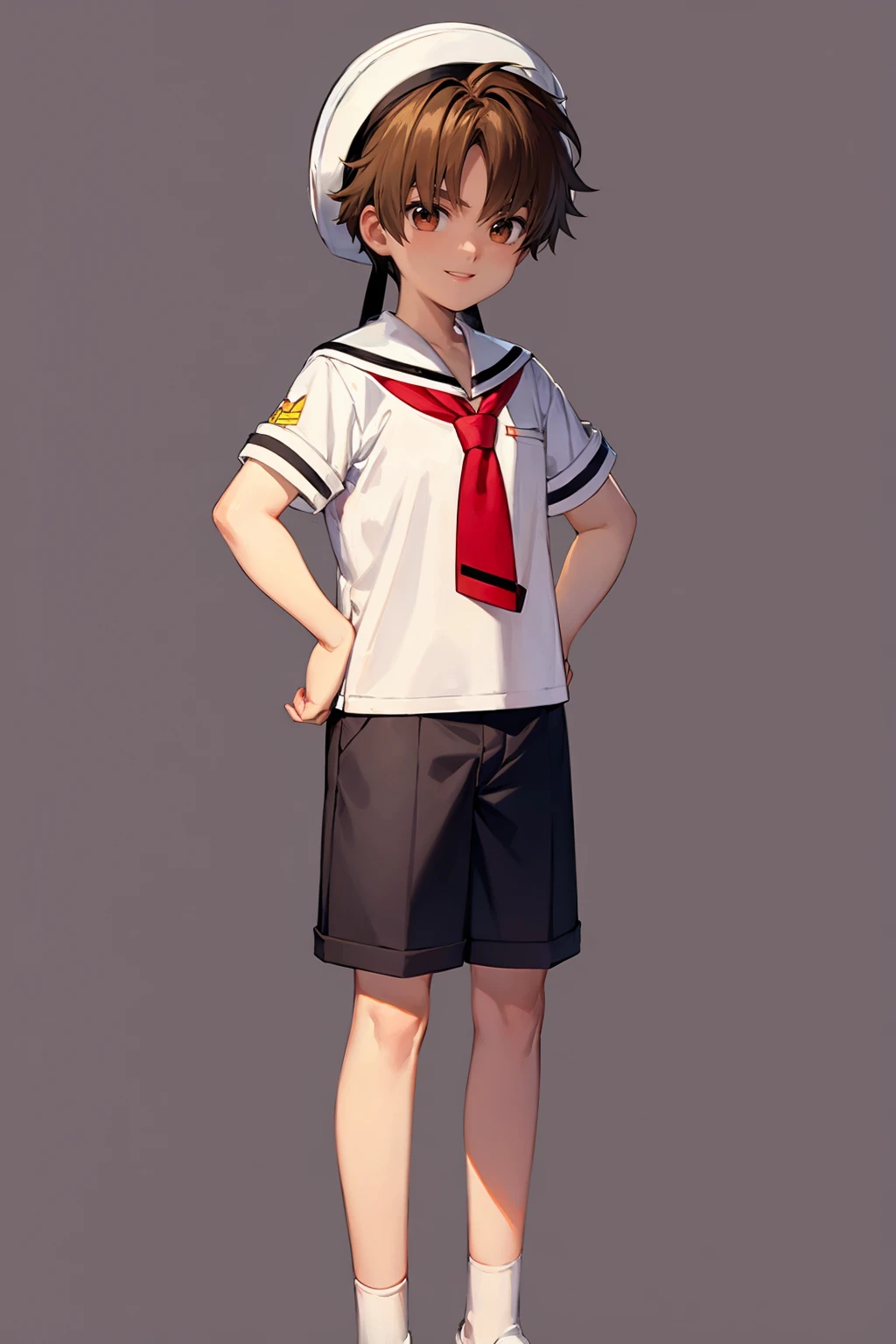 masterpiece, best quality,
1boy, lisayaoran, brown hair, brown eyes, sailor hat, short sleeves, shorts, white shirt, white socks,
hands on hips, smile,  full body, standing, solo, looking at viewer, simple background    <lora:LiSyaoran:1>