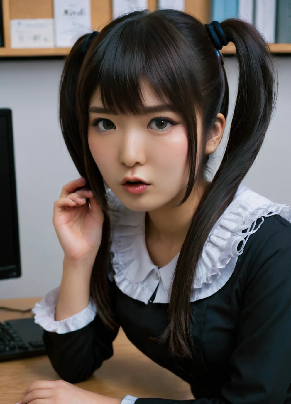 a beautiful picture of mikuKobatoXL, detailed skin texture,masterpiece, photorealistic, asian idol girl, RAW color photo,(fully in frame:1.1), (goosebumps:0.5), detailed face,cute,twintails,office,chair,desk,computers,<lora:mikuKobatoXL:1>,maid outfit,sending kiss,dark hair