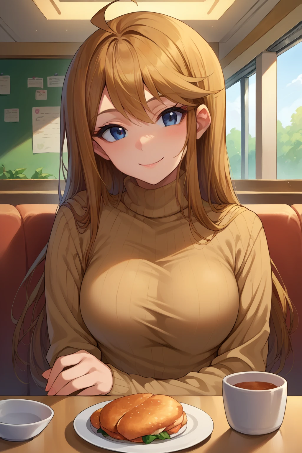 score_9, score_8_up, score_7_up, source_anime, looking at viewer, pov across table, smile, mgmtkr, medium breasts, long hair, turtleneck sweater, sitting, indoors, restaurant, <lora:Hoseki_Idolmaster_MegumiTokoro_PDXL_v1:1>