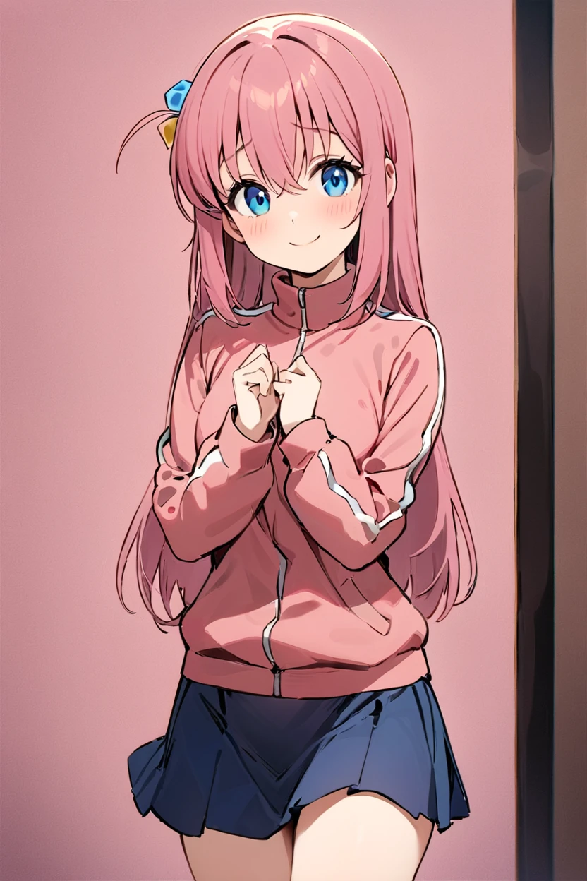 ((masterpiece,best quality)), highres, cute, eyelashes hair ornament, cube hair ornament, blue eyes, pink long hair, pink track jacket, bangs, hair between eyes, blue skirt, cowboy shot, looking at viewer, smile, shy, <lora:gotou_hitori_xl:1.3>,