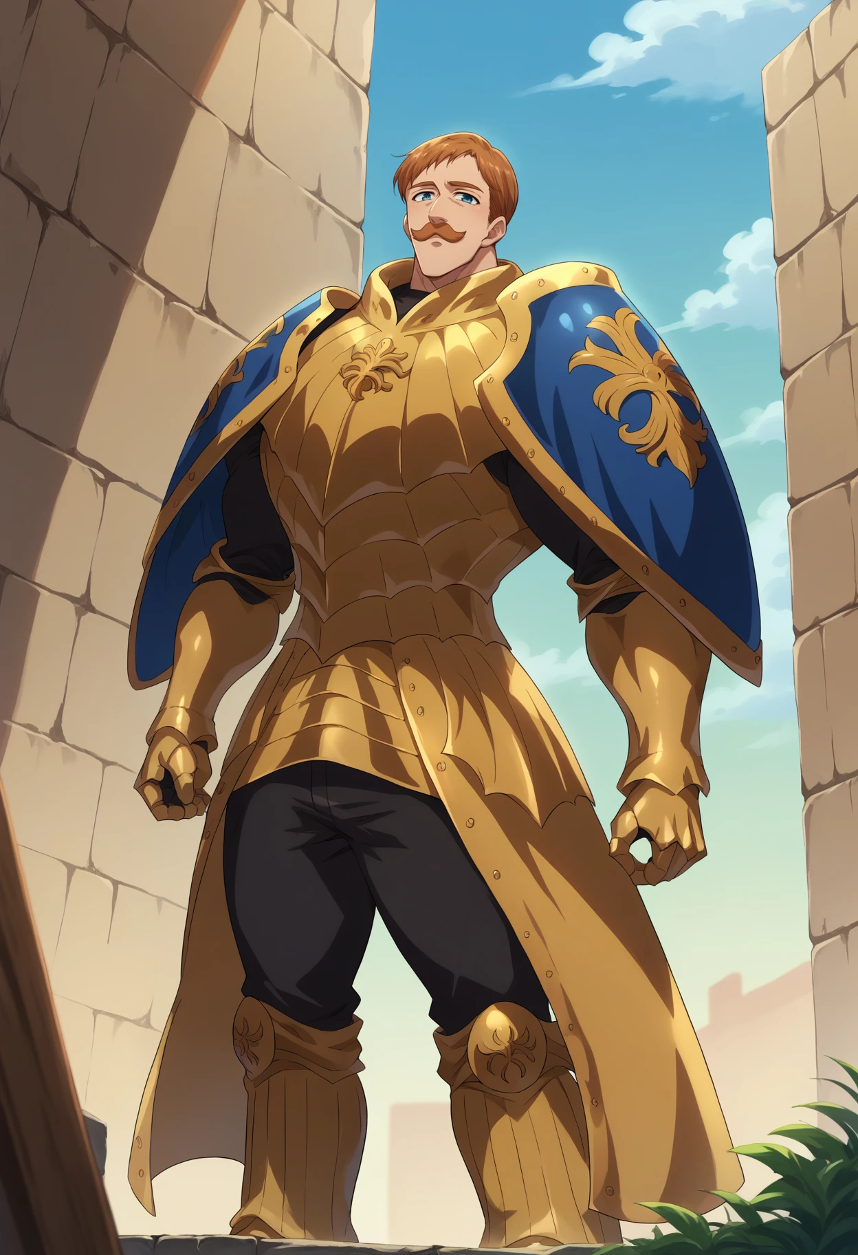 score_9, score_8_up, score_7_up, source_anime, 1boy, Escanor, muscular, short hair, brown hair, mustache, blue eyes, gold armor, blue shoulder armor, gauntlets, armored boots, <lora:ChamEscanorPonyXL:1>