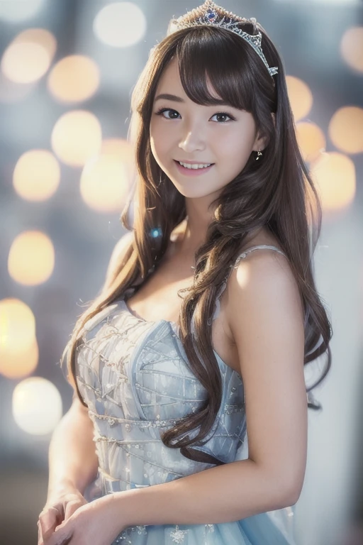 1girl, (princess dress:1.8),(RAW photo, best quality), (realistic, photo-realistic:1.8), masterpiece, an extremely delicate and beautiful, extremely detailed, 2k wallpaper, Amazing, finely detail, extremely detailed CG unity 8k wallpaper, ultra-detailed, highres, beautiful detailed girl, extremely detailed eyes and face, beautiful detailed nose, beautiful detailed eyes,(professional lighting:1.6),(night, city view:2.0),(close up face:1.6),perfect anatomy,(blurry,bokeh backgound),(slender body:1.6),(light smile,cheerful,friendly, warm:1.8),(looking at viewer:1.8),(standing:2.0),(young japanese idol:1.8),(brown long hair:1.8), (brown eyes:1.8), (cleavage:0.8), dalcefo, <lora:youmiyahina_lora-chilled_03:0.8>