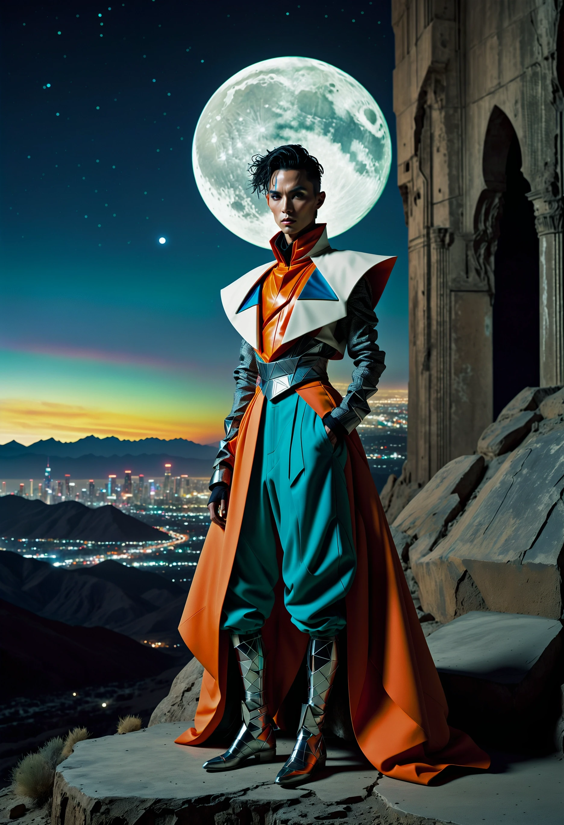 imagine, dream of, breathtaking cinematic photo Moonlit, Dragoncore, rotund Secret Agent futurcouture, geometric, fashion, avant-garde, wearing Gaucho pants, Electic Colors, overlapping compositions, Starlight, CineColor, fairy tale, The assistant is a secret agent from Dragoncore in a futuristic world. He is dressed in avant-garde clothing featuring Gaucho pants and vibrant Electric Colors. The scene takes place under a starlit sky, illuminated by the glow of CineColor lights. The assistant stands out against the moonlit backdrop, exuding an air of mystery and intrigue. His position atop a mountain provides a strategic vantage point overlooking the city below. . 35mm photograph, film, bokeh, professional, 4k, highly detailed . award-winning, professional, highly detailed