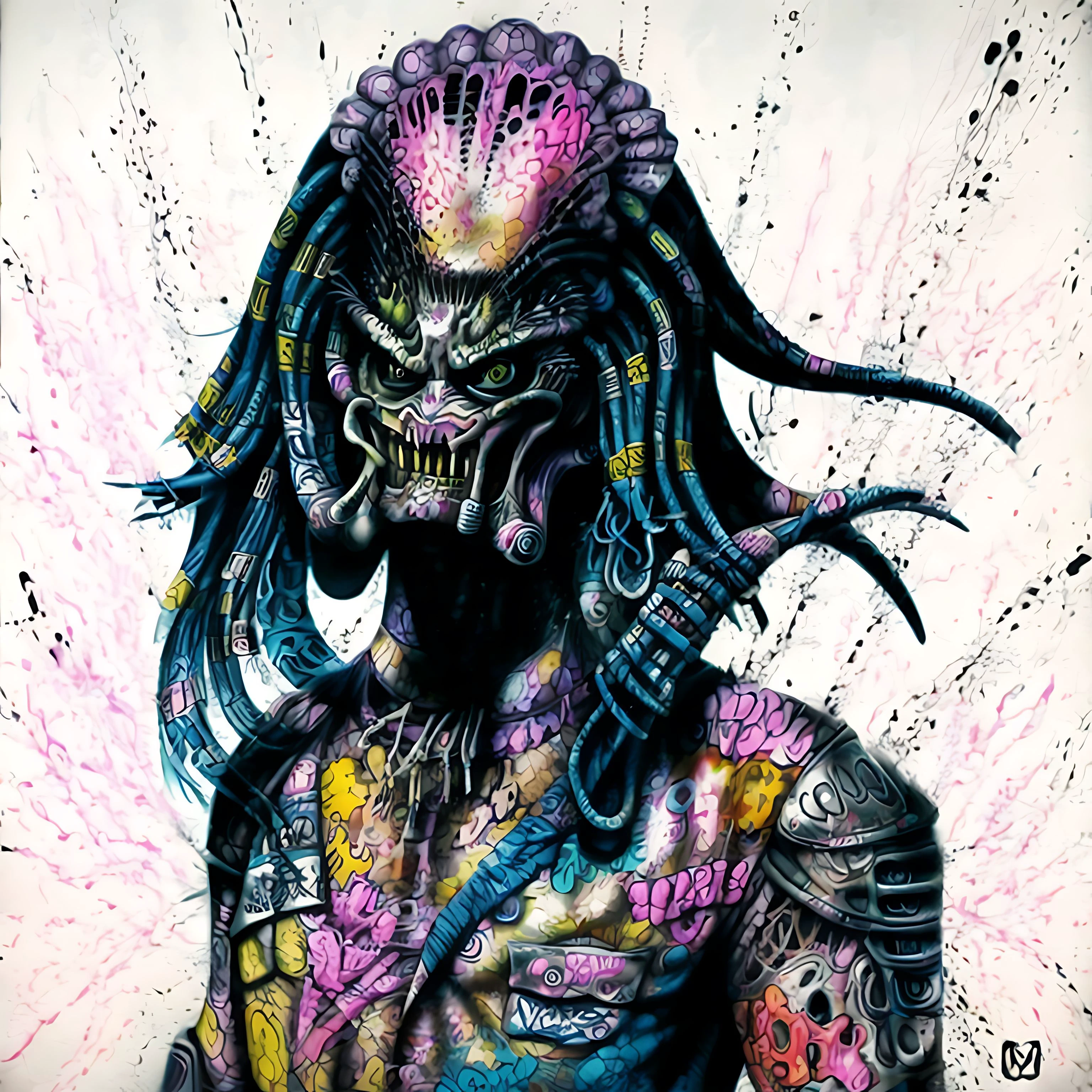 ultra detailed, realistic, fantasy Predator alien, aliens vs predator, Yautja, graffiti_sticker, graffiti, traditional media<Graffiti_Sticker-000007:1> <Yautja:1> <add_detail:1>