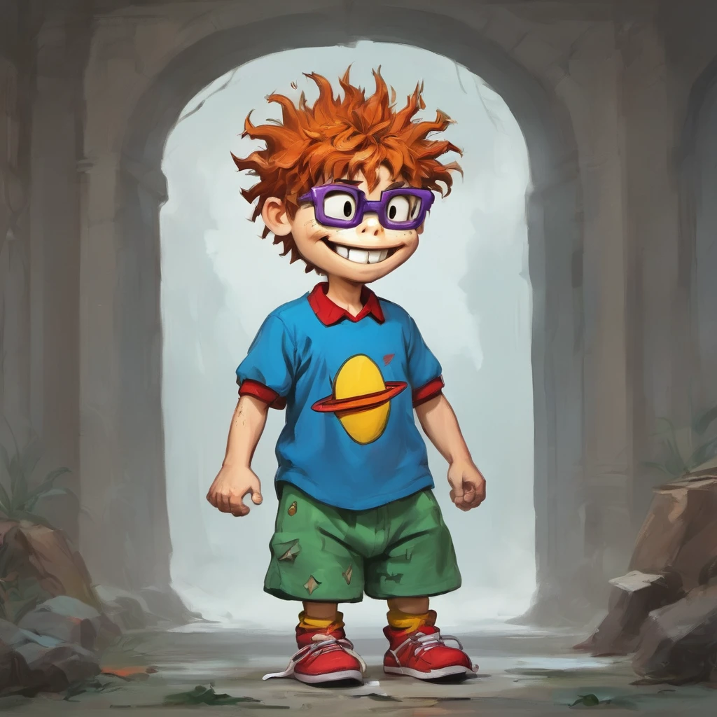 score_9, score_8_up, score_7_up, score_6_up, score_5_up, score_4_up, source_cartoon, BREAK, rating_safe, BREAK ChuXL, solo, 1boy, male, a little redhead toddler boy with messy hair, freckles, purple glasses, buck teeth, blue shirt with red collar, green shorts, yellow socks and untied red sneakers, smiling, happy, standing