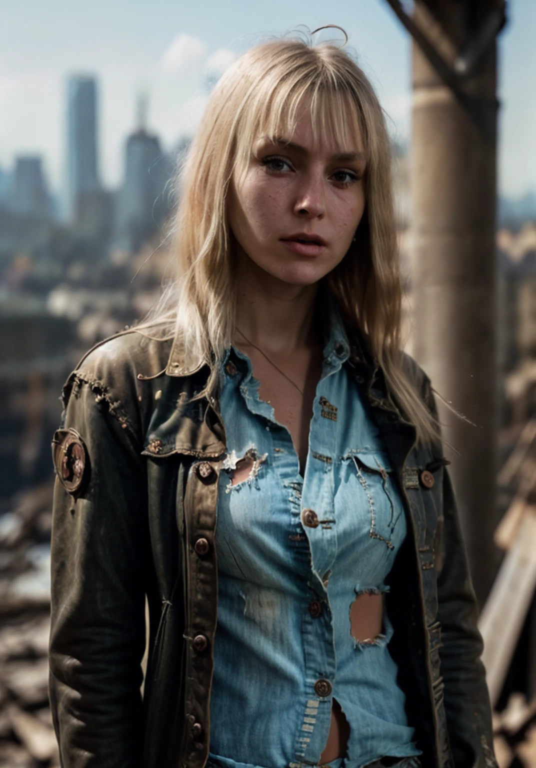 RAW photo, a close up portrait photo of brutal 26yo Virginiaee323 woman, (in wastelander clothes:1.3), (torn and tattered button down shirt:1.3), ragged flight jacket, leather pants, straight  blonde hair, pale skin, slim body, background is city ruins, smoke, flames, apocalyptic, dystopian, high detailed skin, 8k UHD, dslr, soft lighting, high quality, film grain, Fujifilm XT3, <lora:Virginiaee323:1>,