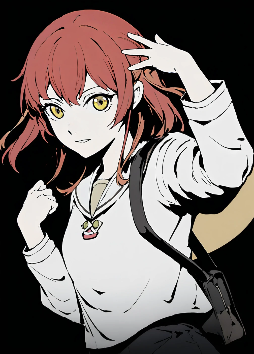 1girl,solo,kita ikuyo,red hair,yellow eyes,white serafuku,black bag,looking at viewer,black background,newest,medium quality,general,masterpiece,   <lora:cytus_ii_v0.3:1>