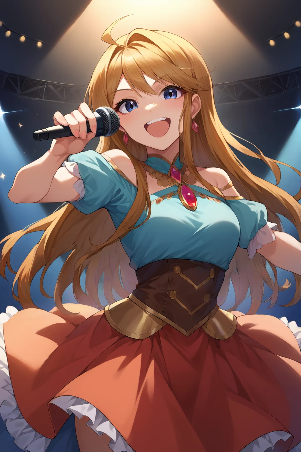 score_9, score_8_up, score_7_up, source_anime, looking at viewer, cowboy shot, smile, open mouth, mgmtkr, medium breasts, long hair, idol clothes, gem, holding microphone, singing, reaching towards viewer, indoors, stage, <lora:Hoseki_Idolmaster_MegumiTokoro_PDXL_v1:1>