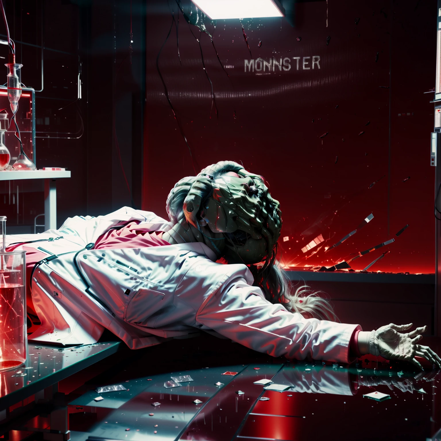 a woman in a lab coat and suit lying face up on a laboratory table with a fchgr covering her face, monster, alone, small breasts, science fiction, emergency lighting, broken glass, dark room, red glow,