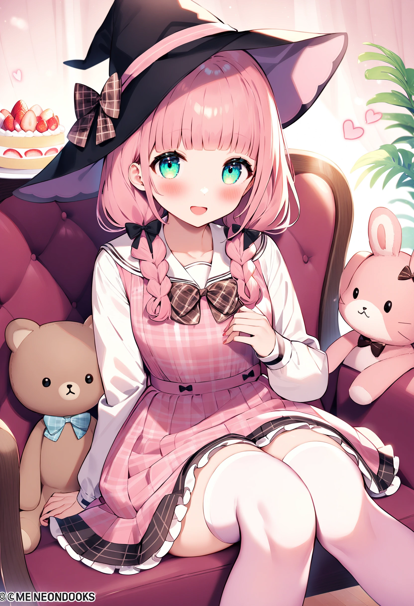 <lora:Animagine_Style5726786029:0.8>, 1girl, solo, long hair, looking at viewer, blush, smile, open mouth, blue eyes, shirt, skirt, long sleeves, dress, thighhighs, hat, bow, ribbon, sitting, twintails, green eyes, tareme, school uniform, collarbone, white shirt, pink hair, braid, hair ribbon, flower, heart, :d, hair bow, frills, sleeveless, collared shirt, indoors, bowtie, blunt bangs, sailor collar, white thighhighs, red bow, twin braids, red ribbon, aqua eyes, zettai ryouiki, black headwear, plaid, sleeveless dress, feet out of frame, black bow, black ribbon, watermark, witch hat, low twintails, chair, plaid skirt, stuffed toy, frilled dress, frilled skirt, stuffed animal, pink bow, pink dress, couch, hair over shoulder, white sailor collar, black bowtie, sailor dress, teddy bear, strawberry, pinafore dress, brown dress, pleated dress, stuffed rabbit, on chair, pink theme, pink thighhighs, plaid bow, brown bow, cake slice, plaid dress, pink apron, stuffed cat, frilled sailor collar, best quality