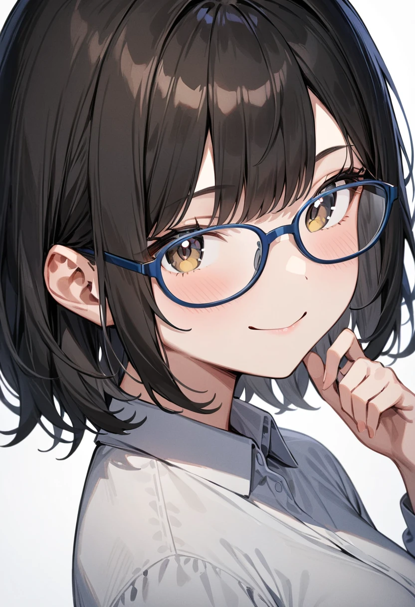 masterpiece, best quality, very aesthetic, absurdres,
1girl, solo, black hair, medium hair, smile, looking at viewer, upper body, collared shirt,
oval_cell, glasses, blue-framed eyewear, 
white background, simple background,
 <lora:oval_glasses_cell-frame1_SDXL_V1:0.8>