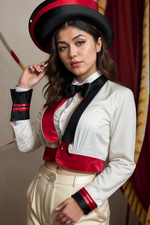 DEN_sera_onlyseraphinexxx
(performing in a (circus:1.2) wearing a red and black (blazer:1.1) and white (shirt:1.1) and cream (trousers:1.1) and black bow tie and (top hat:1.1), ring leader, circus:1.2),
bokeh, f1.4, 40mm, photorealistic, raw, 8k, textured skin, skin pores, intricate details  <lora:epi_noiseoffset2:1>, epiCRealism