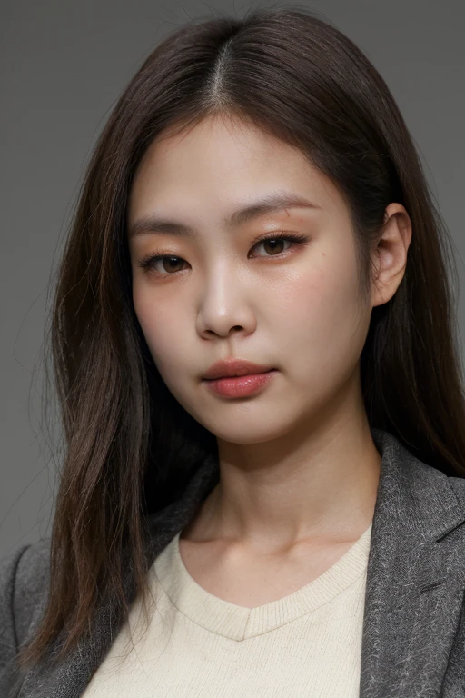 masterpiece, best quality, ultra-detailed, ultra high res, (photorealistic:1.4), raw photo, (realistic:0.2), 8k HDR, realistic lighting, 1girl, solo, asian, asymmetrical hair, (detailed pores), (detailed skin textures), (detailed face), (simple gray background :1.2), (upper body:1.2), black suits, close up,