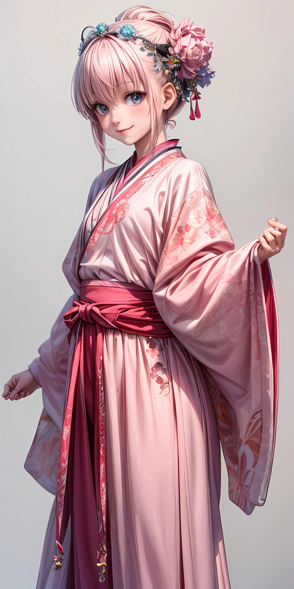 (masterpiece,ultra-detailed,best quality,8K,CG,illustration,shaved:1.0),(ite girl:1.0) <lora:more_details:1>, smile,simple background,
<lora:china dress v1.0:0.5> jyojifuku, hair ornament,pink clothes