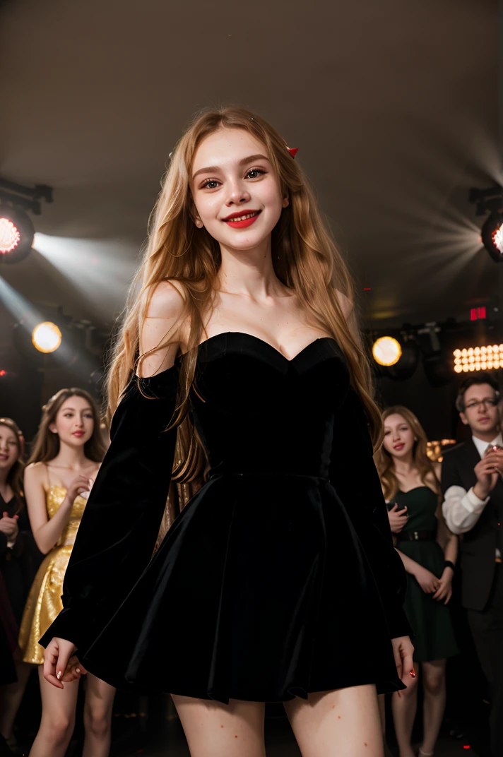 tv_Daria2_MXAI, ,  , joyful expression, wearing an elegant party-dress, red lips, dramatic makeup, dancing in a crowded nightclub, god rays, spotlight, "in-the-middle-of-a-dancing-crowd", ((full body shot)),, 8k resolution, highres, high detail, sharp focus, detailed skin,  8k uhd, bokeh, analog photography