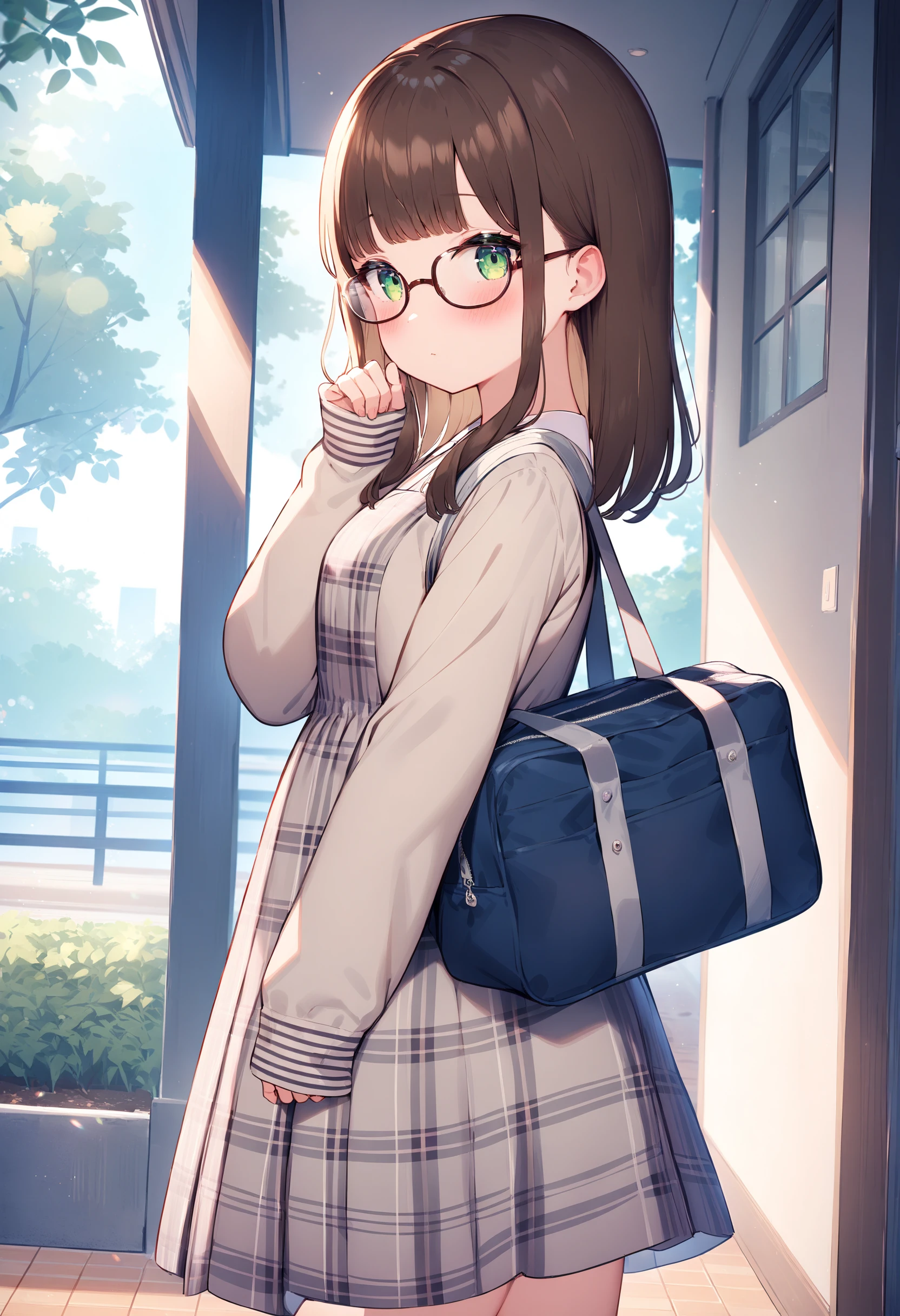 <lora:Animagine_Style5726786029:0.8>, 1girl, solo, bangs, blush, looking at viewer, indoors, outdoors, best quality, bag, barefoot, brown hair, closed mouth, dress, foot out of frame, glasses, green eyes, hand up, looking to the side, plaid, school bag, sidelocks, sleeves past wrists, standing, wide shot