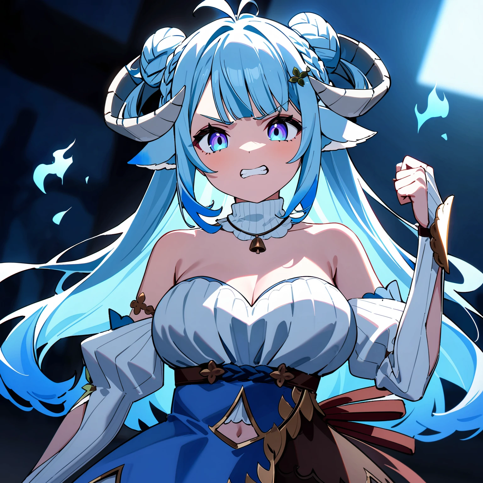 MinaiAruma, 1girl,
long hair, blue eyes, strapless, detached sleeves,
looking at viewer, (very angry:1), (clenched teeth:0.7), (raised fist:1), standing, upper body, (floating hair:1.2), cinematic_angle, three-quarter view, dutch angle,
(blue fire dark aura:1.5), backlight, dark background, night sky, masterpiece, newest, absurdres, <lora:MinaiArumaXL_animagine:1.2>,