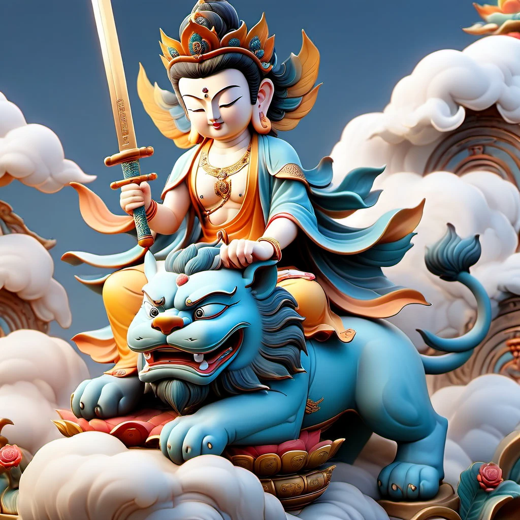 hyper-realistic style,(Buddha statue:1.2) of Manjushri with (heavenly apparel:1.1),(five tufts of hair:1.1),one hand (holding a sword:1.2),and the other (holding a ruyi or an ancient book:1.1),(riding a blue lion:1.2),comfortable and leisurely (sitting on a lotus:1.1) atop an (independent cloud:1.1) in the sky,with a gentle breeze. Composition is a (birdâs-eye view:1.1) with a (380-degree perspective:1.1),(background:0.9) of the ocean and dawn. Image is filled with (nuanced light and shadow:1.2),(cinematic style:1.1),(12K resolution:1.2),(exquisitely realistic details:1.3),ultra-high quality,ultra-clear,<lora:SDXLä½åææ®è©è©-000001:1>,