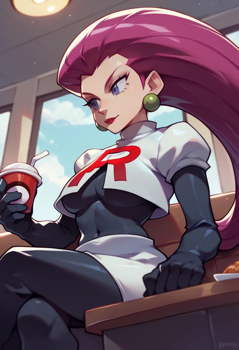 score_9, score_8_up, score_7_up, <lora:Speedoru:1>, speedoru,
Jessie from Pokemon, female, long hair, big hair, team rocket uniform,
1 girl, solo, upper body, sitting,
dynamic angle, indoors, restaurant,