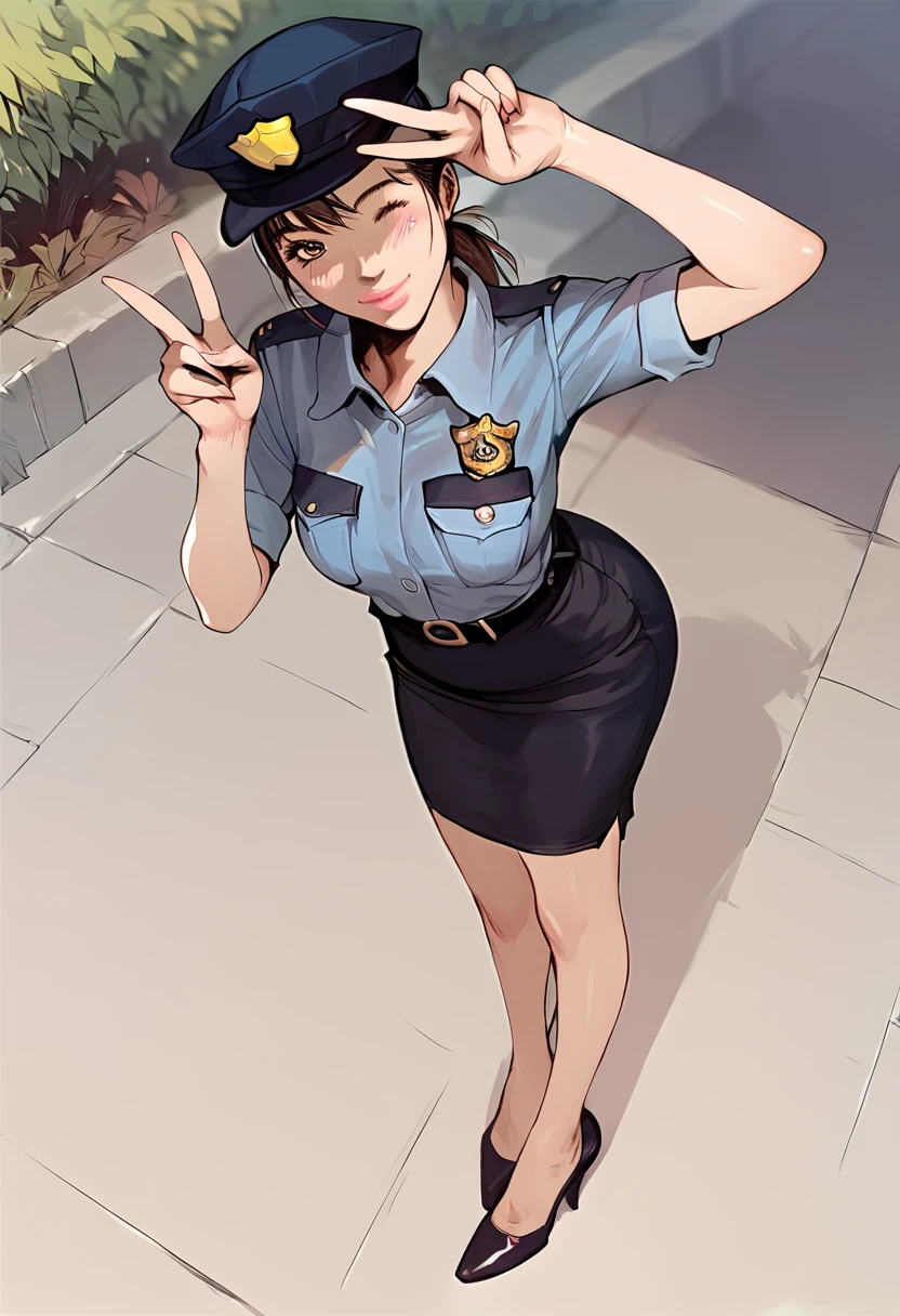 score_9, score_8_up,score_7_up,score_6_up, source_anime, rating_questionable, a policewoman posing, ponytail, brown hair, one eye closed, v, high heels, pencil skirt, smile,pink lips, blush, hat, from above, outdoors,
<lora:redlight_style_xl_v0:1>
