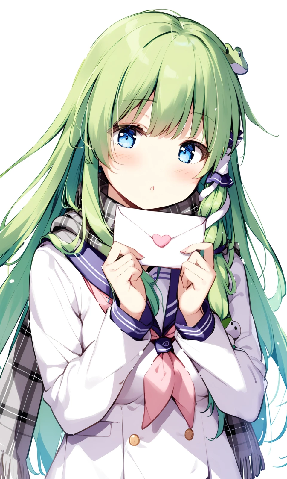 1girl, safe, kochiya sanae, solo, long hair, looking at viewer, blush, blue eyes, simple background, long sleeves, hair ornament, white background, holding, school uniform, upper body, flower, parted lips, green hair, alternate costume, serafuku, sailor collar, scarf, hands up, neckerchief, plaid, hair tubes, blue sailor collar, purple flower, frog hair ornament, snake hair ornament, plaid scarf, letter, envelope, enpera, grey scarf, love letter, holding envelope, holding letter