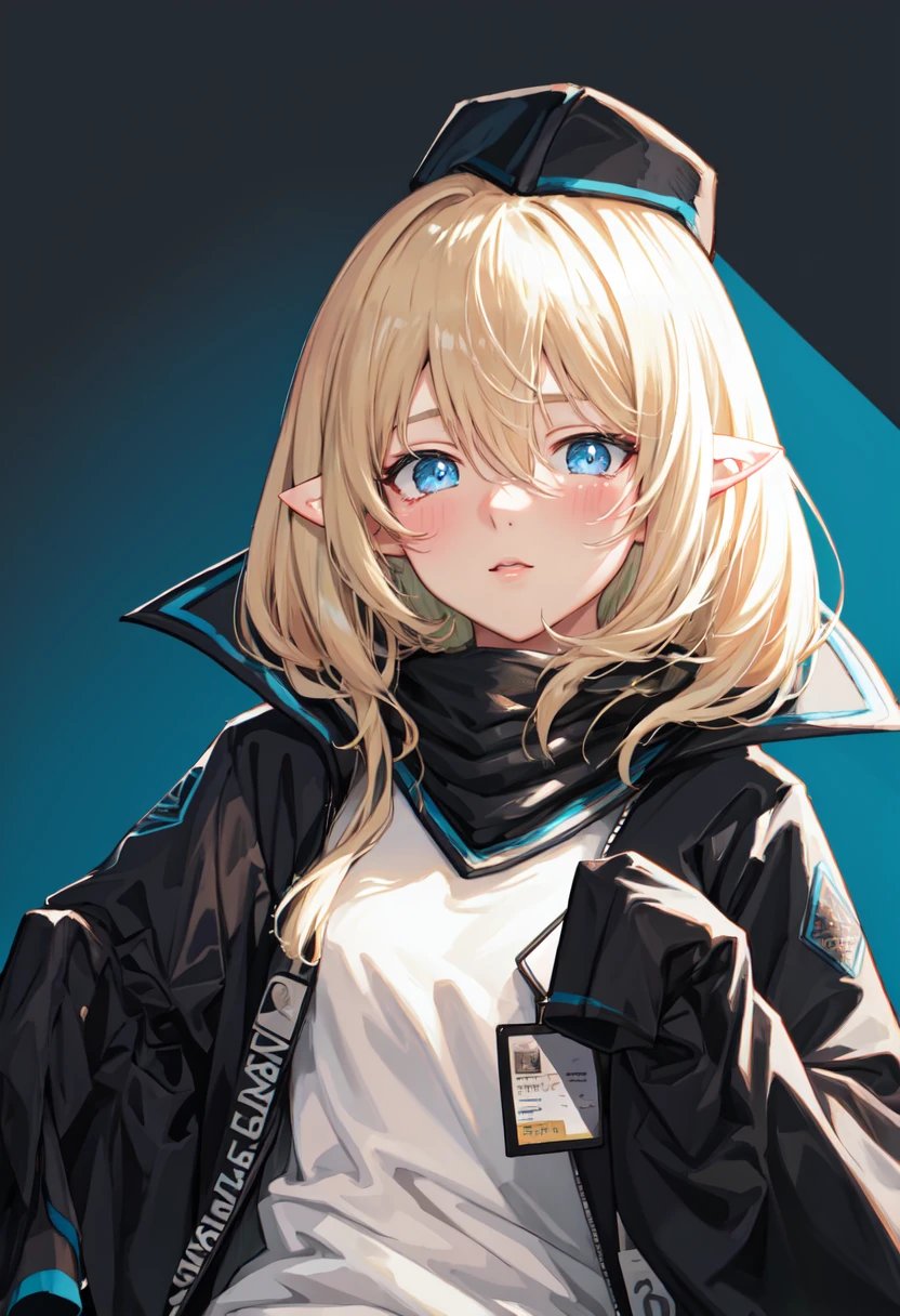 best quality, masterpiece, highres, solo, (durin_arknights:1.10), 1girl, black jacket, id card, long sleeves, open jacket, upper body, blue background, looking at viewer, simple background, white shirt, closed mouth, sleeves past fingers, blush, scarf, 0 <lora:durin_arknights:0.80>