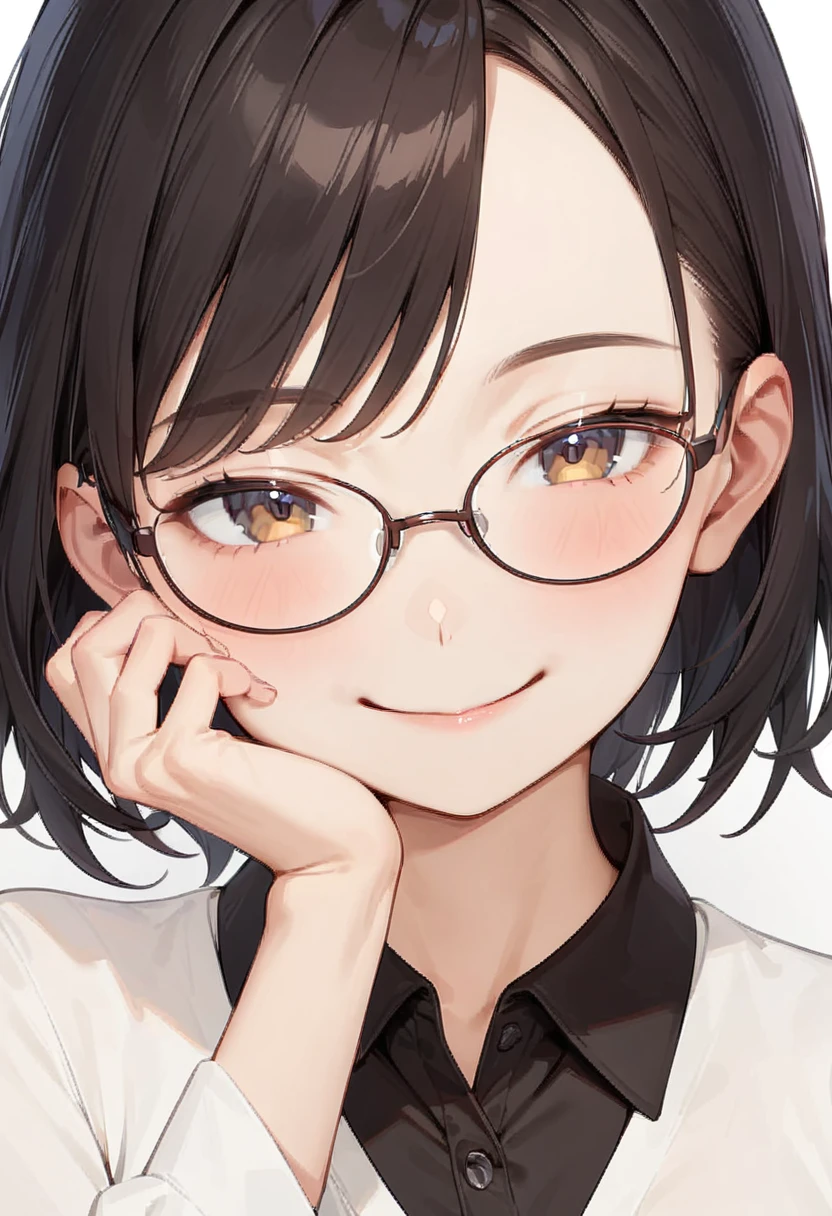 masterpiece, best quality, very aesthetic, absurdres,
1girl, solo, black hair, medium hair, smile, looking at viewer, upper body, collared shirt,
oval_metal, glasses, black-framed eyewear, 
white background, simple background,
 <lora:oval_glasses_metal-frame2_SDXL_V1:1>