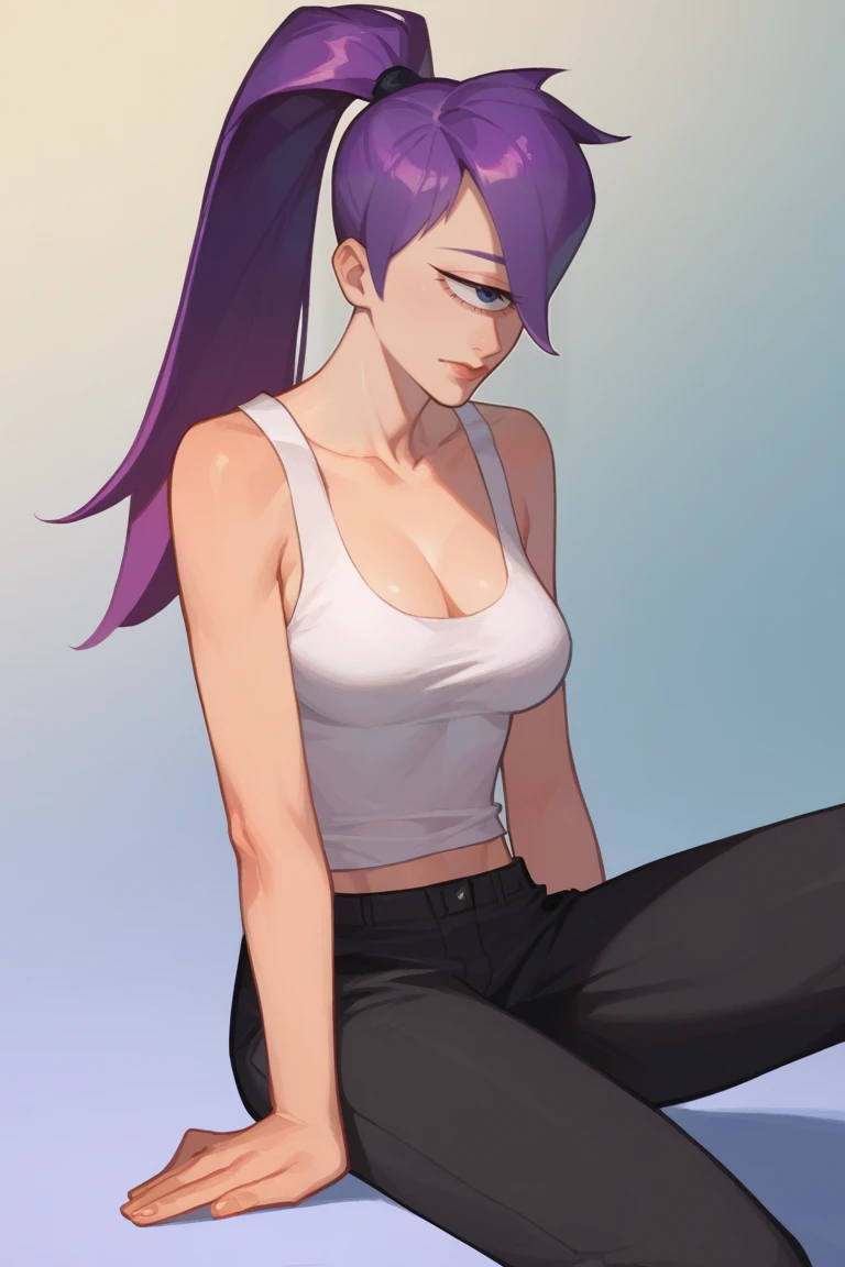 score_9, score_8_up, score_7_up, score_6_up BREAK, 1girl, solo, breasts, <lora:turangaleela-guy-PONYv1:.95>, turangaleela, one-eyed, ponytail, tank top, cleavage, black pants, gradient background, shadow, sitting,