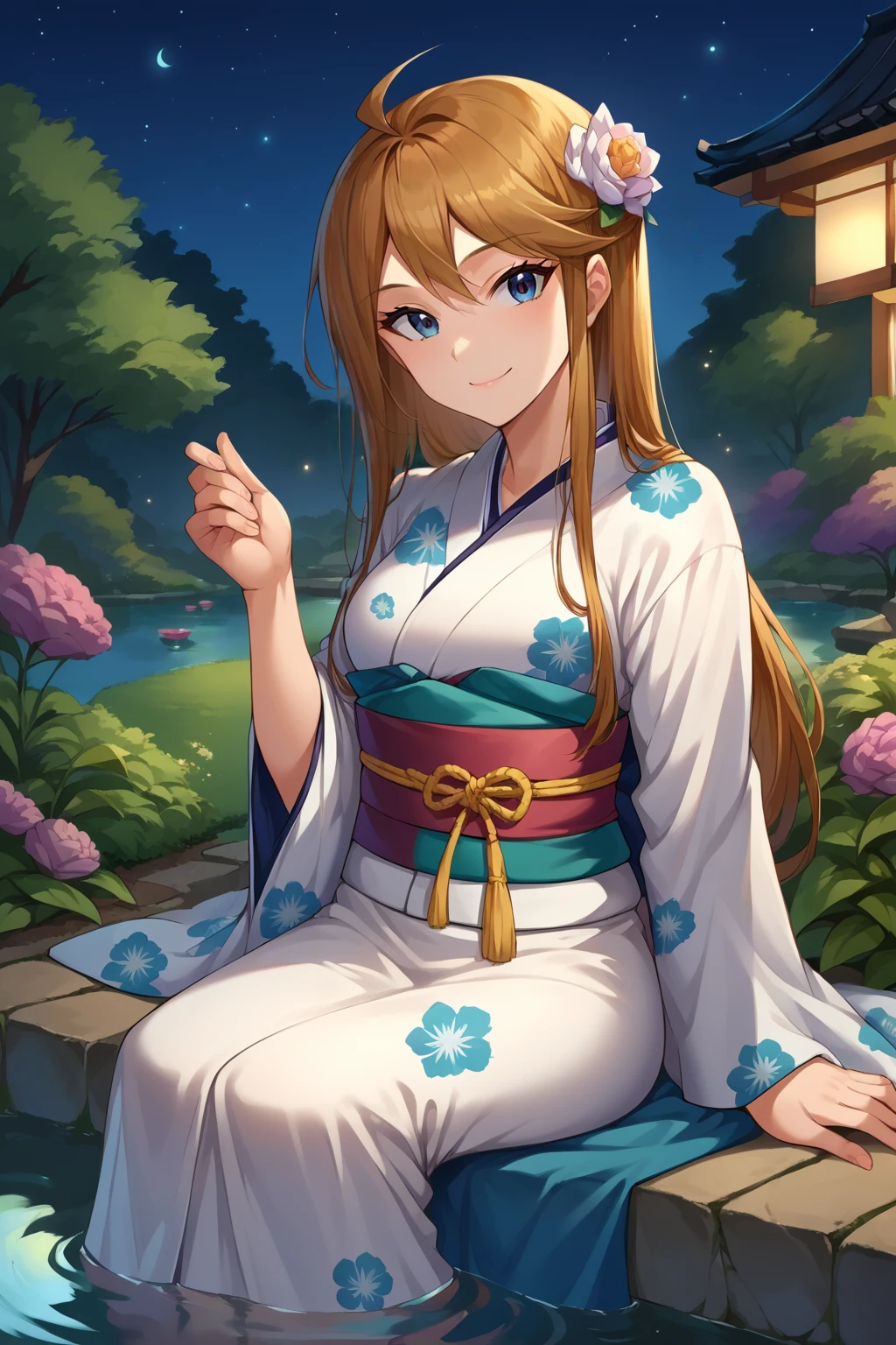 score_9, score_8_up, score_7_up, source_anime, cowboy shot, looking at viewer, smile, mgmtkr, medium breasts, long hair, hair flower, kimono, floral print, sash, obi, sitting, outdoors, night, starry sky, garden, pond, <lora:Hoseki_Idolmaster_MegumiTokoro_PDXL_v1:1>