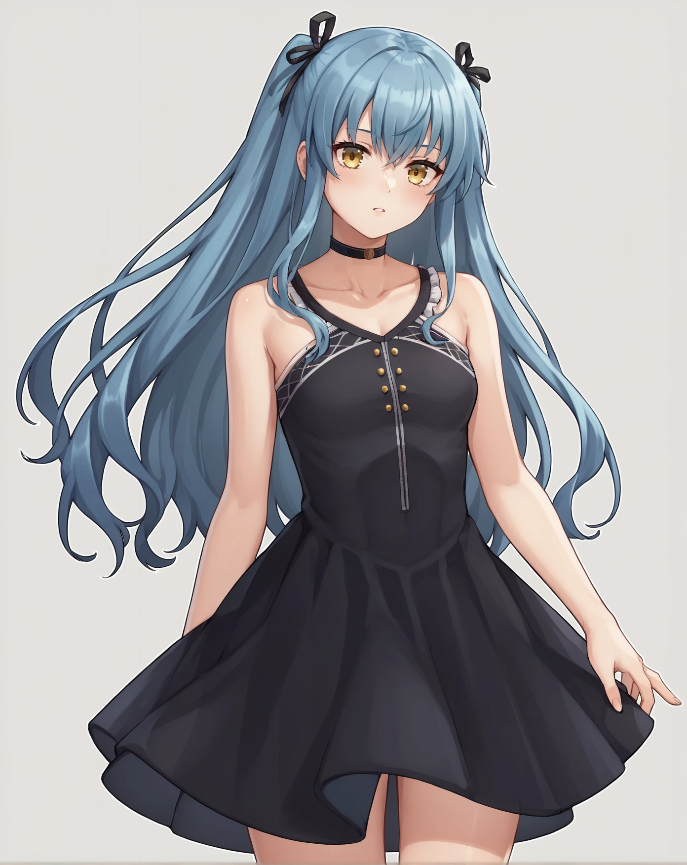 score_9, score_8_up, score_7_up, score_6_up, score_5_up, score_4_up, BREAK, solo,
<lora:tio2-000017:0.9>, tioplato, long hair, blue hair, yellow eyes, tioswim2, black dress, black ribbon, black choker,