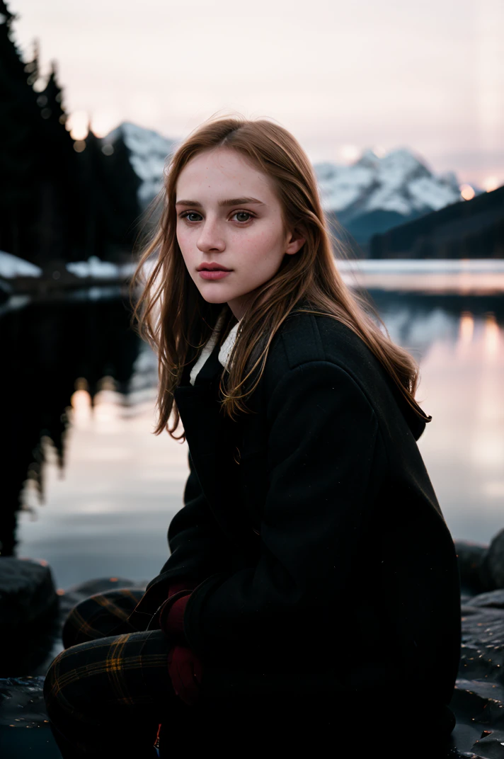 tv_Daria_MXAI, ,  , sad expression, wearing a winter coat, wearing winter pants, wearing winter boots, sitting on a rock by a frozen mountain lake, midnight, moonlight, shot from the side,, 8k resolution, highres, high detail, sharp focus, detailed skin,  8k uhd, bokeh, analog photography