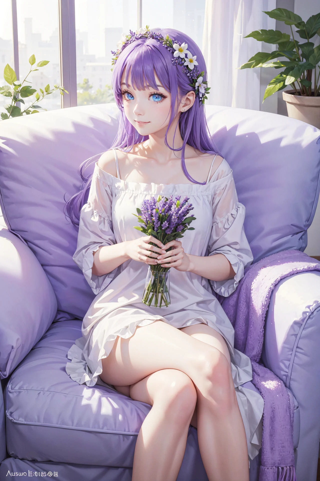 ((best quality, masterpiece, absurbres, super-resolution)) 1 girl, lavender \(flower\), relax, ((cozy vibe)), flowercore, slow life
