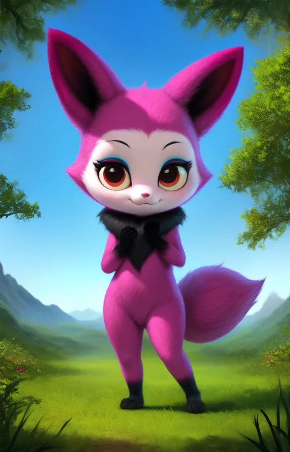 YossiTeleMonste  <lora:YossiTeleMonste:0.85> [Forest, path, trees, sky clouds, mountains,]  pink fox, two tails, yellow eyes, blue eyelids,   fluffy collar, black hands, 
blue textured fur, solo,  looking at viewer, to his full height,  (beautiful, aesthetic, perfect, delicate, intricate, masterpiece, )
[by kenket|by totesfleisch8], by thebigslick:by silverfox5213:0.8], [by syuro, by paloma-paloma::0.2, (Tricksta, TotesFleisch8)