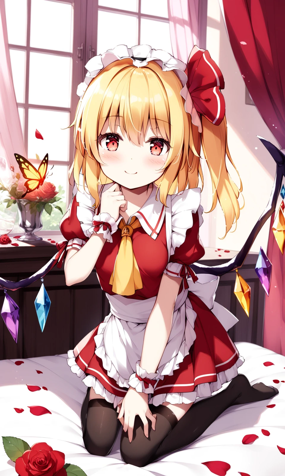 1girl, sensitive, flandre scarlet, solo, looking at viewer, blush, smile, blonde hair, red eyes, dress, thighhighs, bow, ribbon, hair ribbon, flower, short sleeves, frills, wings, alternate costume, indoors, puffy sleeves, black thighhighs, hand up, apron, red ribbon, puffy short sleeves, wrist cuffs, maid, maid headdress, ascot, petals, window, kneeling, bed, on bed, rose, one side up, no shoes, red dress, bug, curtains, white apron, butterfly, waist apron, maid apron, frilled apron, crystal, enmaided, yellow ascot, petticoat, rose petals