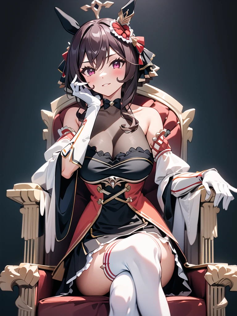 detailed clothes features,detailed face,masterpiece,highres,(cute girl:1.0), (clear skins:1.0), (simple background:1.0), gentildonna,breasts, blush, large breasts, simple background, hair ornament, gloves, cleavage, hair between eyes, bare shoulders,  detached sleeves, white gloves, hair rings,thighhighs,white thighhighs,medium hair, dress,black dress,red dress, long dress,<lora:gentildonna_v2:1>chair,crossed legs,sitting,throne