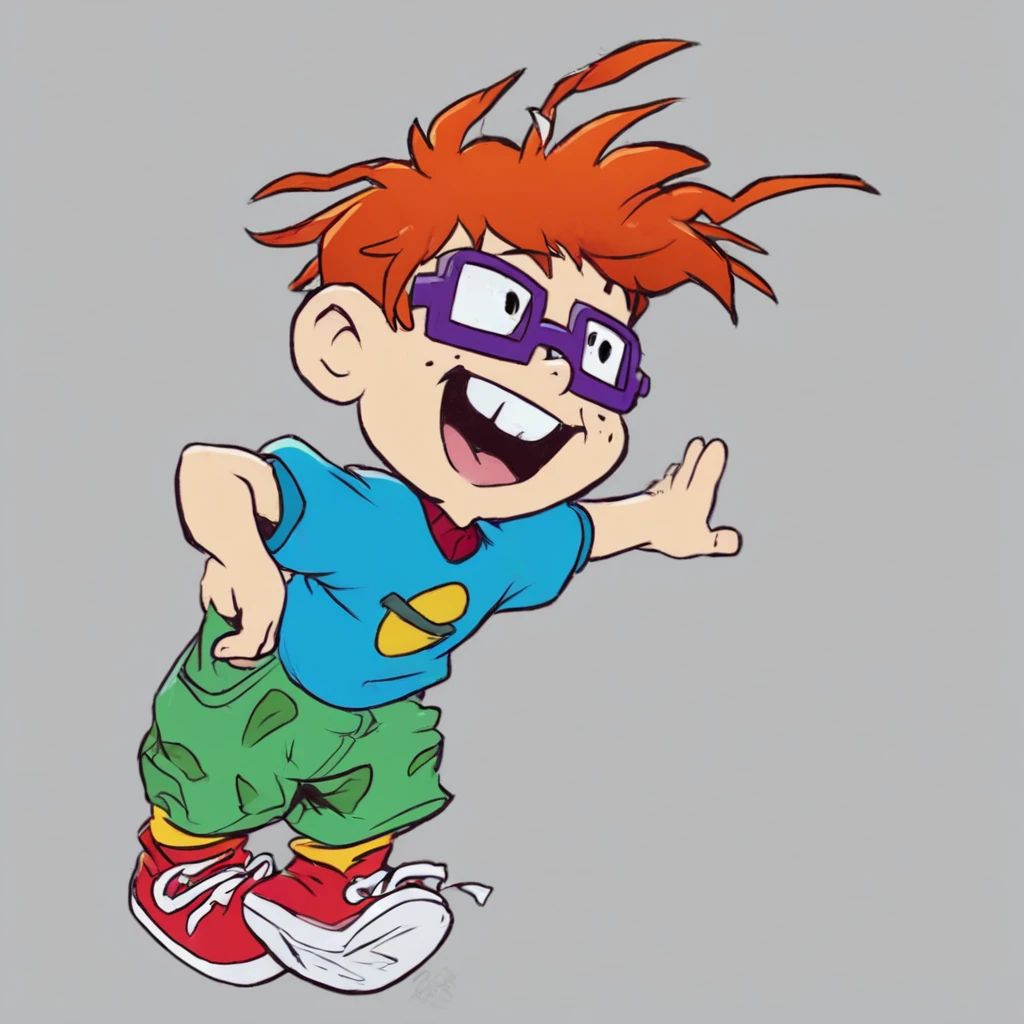 score_9, score_8_up, score_7_up, score_6_up, score_5_up, score_4_up, source_cartoon, BREAK, rating_safe, BREAK ChuXL, solo, 1boy, male, a little redhead toddler boy with messy hair, freckles, purple glasses, buck teeth, blue shirt with red collar, green shorts, yellow socks and untied red sneakers, smiling, happy, standing