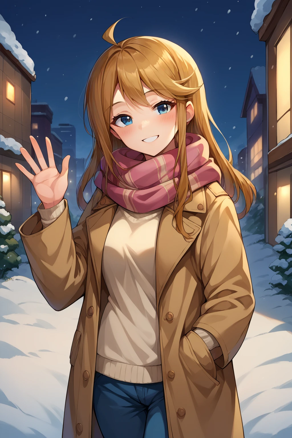 score_9, score_8_up, score_7_up, source_anime, cowboy shot, looking at viewer, smile, blush, mgmtkr, medium breasts, long hair, coat, jacket, scarf, waving, hand in pocket, outdoors, night, snow, grass, skyscraper, <lora:Hoseki_Idolmaster_MegumiTokoro_PDXL_v1:1>