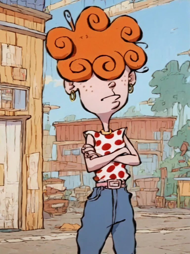 <lora:LeeKankerPony1.0:1.0> leekanker, hair over eyes, orange hair, 1girl, hoop earrings, polka dot clothing, solo, freckles, curly hair, belt,crossed arms, pants, jeans,outdoors, score_9, score_8_up, score_7_up, score_6_up <lora:Jabstyle_AMXLV1:1>