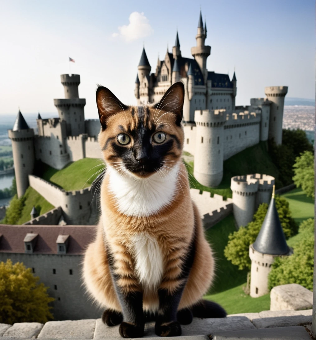 kitten cat animal , looking at viewer,masterpiece, black_eyes ,castle, outdoors, best quality, landscape, cityscape,