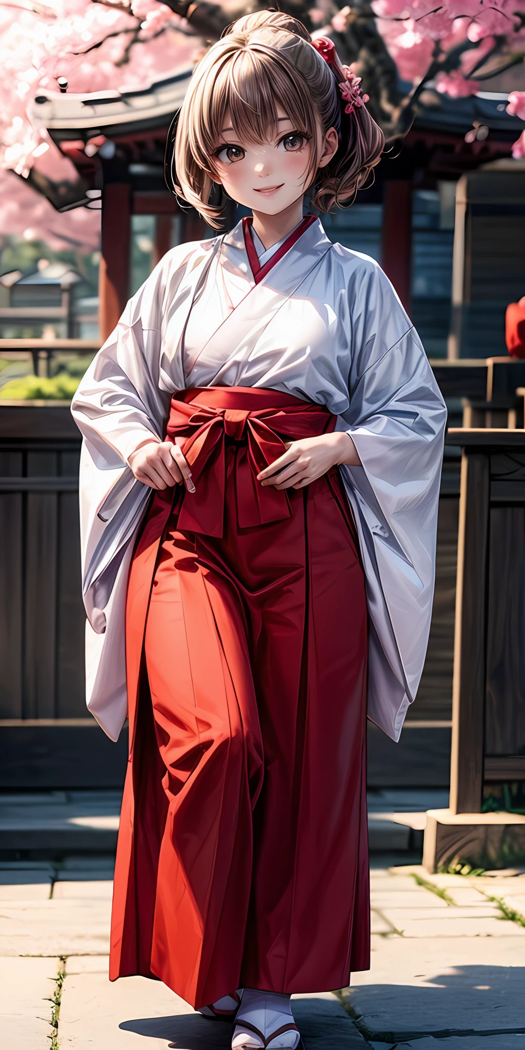(masterpiece,ultra-detailed,best quality,8K,CG,illustration,shaved:1.0),(petite girl:1.0) <lora:more_details:1>, simple background, smile
<lora:miko v1.0:0.5> jyojifuku, miko,temple,tabi,cherry blossom,outdoor