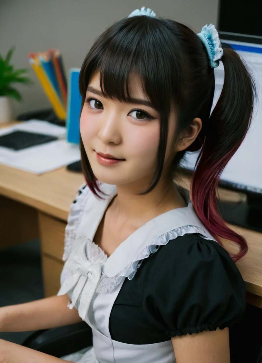 a beautiful picture of mikuKobatoXL, detailed skin texture,masterpiece, photorealistic, asian idol girl, RAW color photo,(fully in frame:1.1), (goosebumps:0.5), detailed face,cute,twintails,office,chair,desk,computers,<lora:mikuKobatoXL:1>,maid outfit,sending smile,dark hair