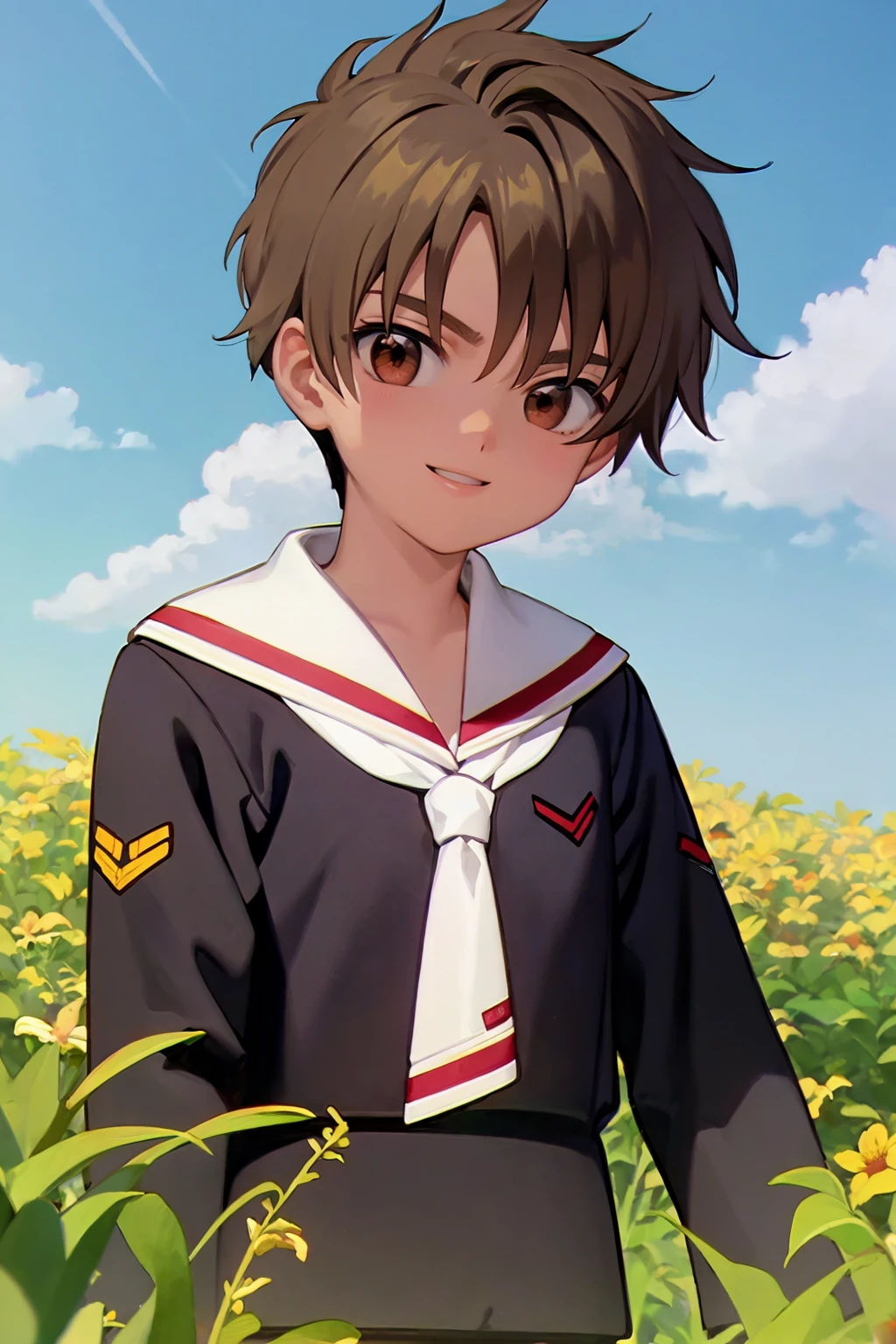 masterpiece, best quality,
1boy, lisayaoran, brown hair, brown eyes, black shirt, long sleeves, sailor collar, school uniform, black shorts, tomoeda elementary school uniform,
smile,  upper body, solo, looking at viewer, blue sky, grass, meadow background   <lora:LiSyaoran:1>