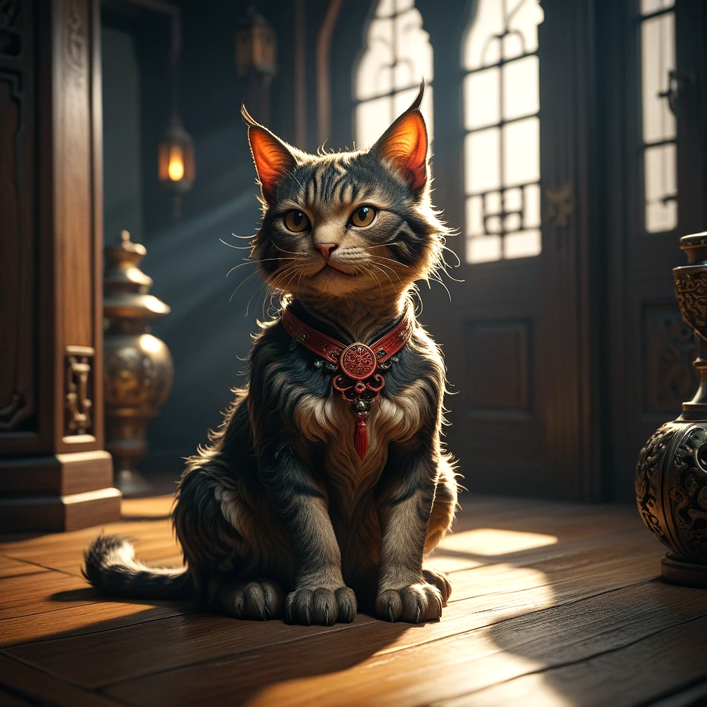 best quality, photorealistic, accurate, masterpiece, chinese demon cat, drawn in call of cthulhu style, symmetrical, dynamic lighting and shadows, vibrant, high contrast, 16K, clean