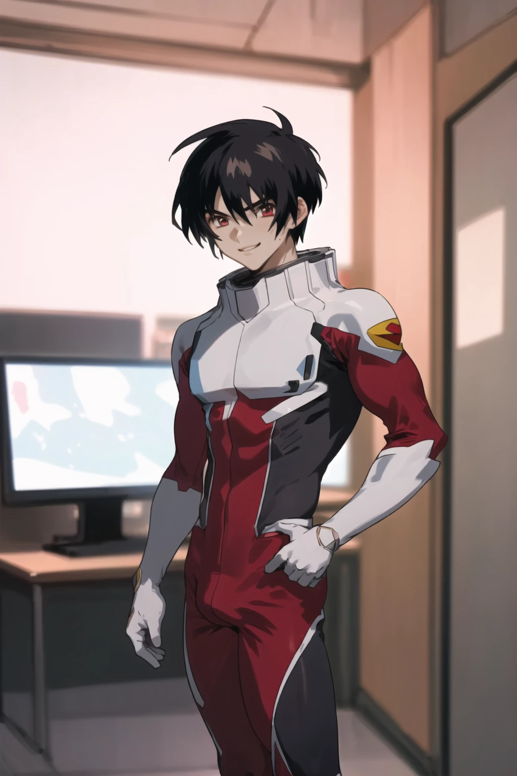 (masterpiece,best quality,high quality,ultra detailed,8K,highres),muscle,shinn asuka,1boy,standing,sexy pose,(bulge:1.2),looking at viewer,smile,anime,blurred background,in the room,portrait,handsome,nice hands,perfect hands,<lora:shinn_asuka:0.8>,nsfw,