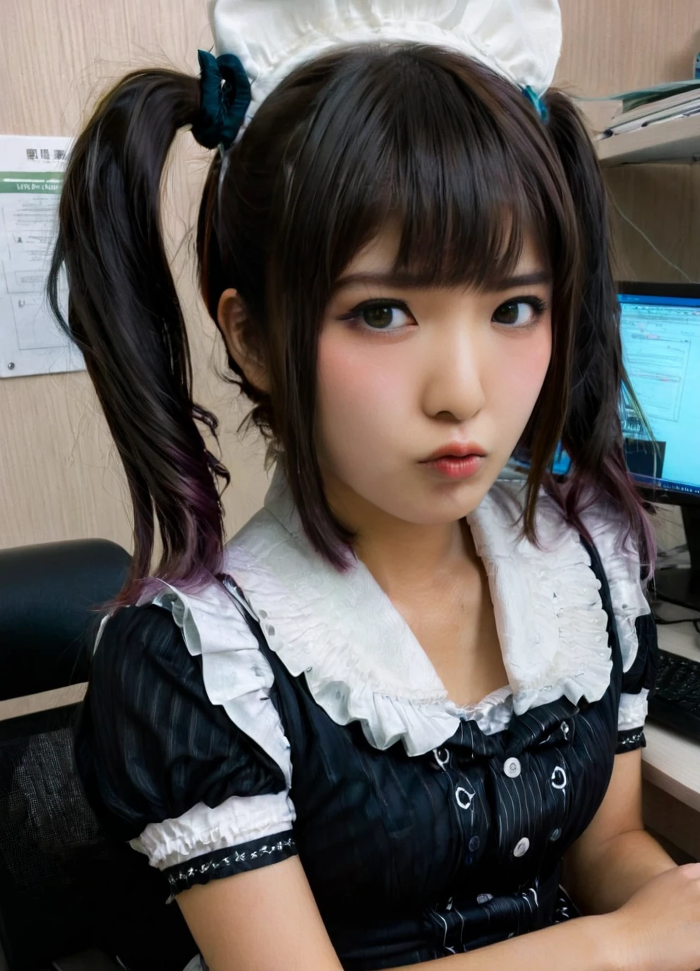 a beautiful picture of mikuKobatoXL, detailed skin texture,masterpiece, photorealistic, asian idol girl, RAW color photo,(fully in frame:1.1), (goosebumps:0.5), detailed face,cute,twintails,office,chair,desk,computers,<lora:mikuKobatoXL:1>,maid outfit,dark hair <lora:Pouting_SDXL:0.9> pouting