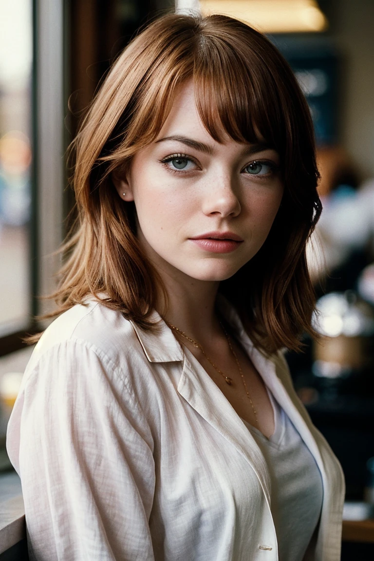 photo of gorgeous (emst0ne-135:0.99), a beautiful woman, (serious), perfect hair, (award winning modern photography), (Bright Pink linen blazer, white t-shirt, and cuffed jeans:1.1), closeup portrait, 85mm, (analog, cinematic, film grain:1.3), (A bustling, 1990s Seattle coffee shop:1.2), detailed eyes, (epiCPhoto), necklace, eyeliner, (looking at viewer:1.2), (cinematic shot:1.3), ((sfw))
